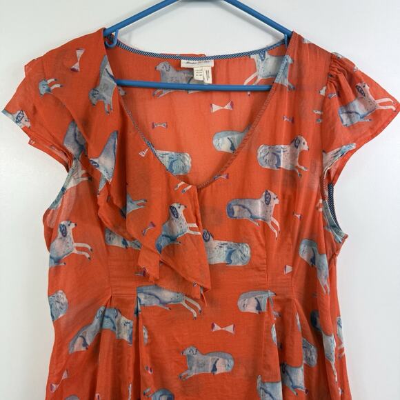 Anthropologie Meadow Rue Orange Dog Print Blouse 10P Ruffle Pleated Sheer Cotton - Picture 3 of 15